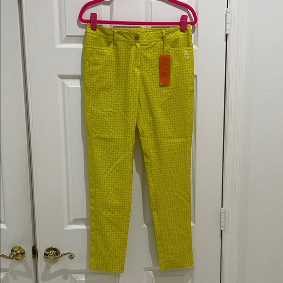 Louis Castel Women's Yellow Green Print Plaid Style Straight Leg Pants - Picture 1 of 6